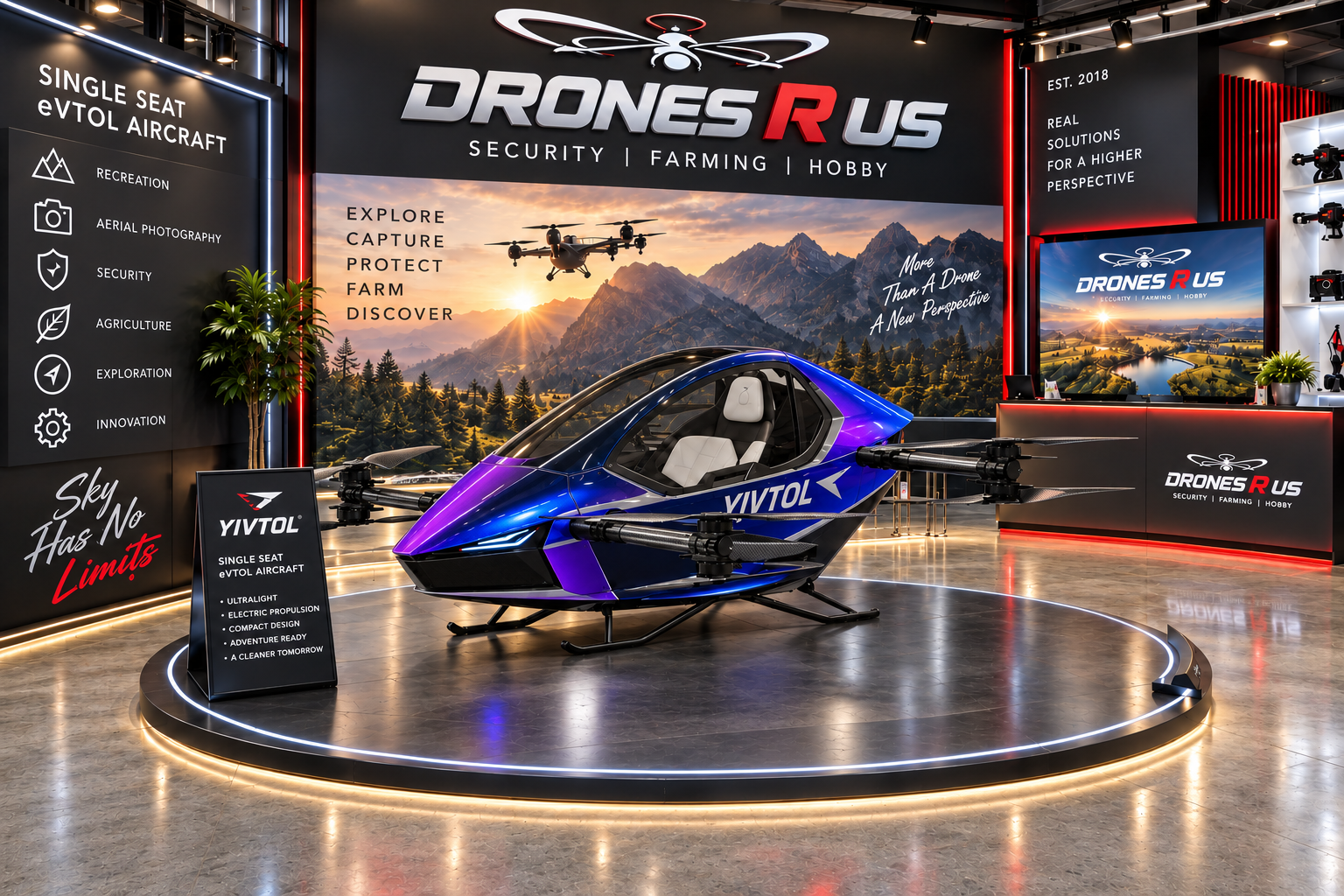 Purple and electric blue YIVTOL personal eVTOL aircraft in the Drones R Us showroom