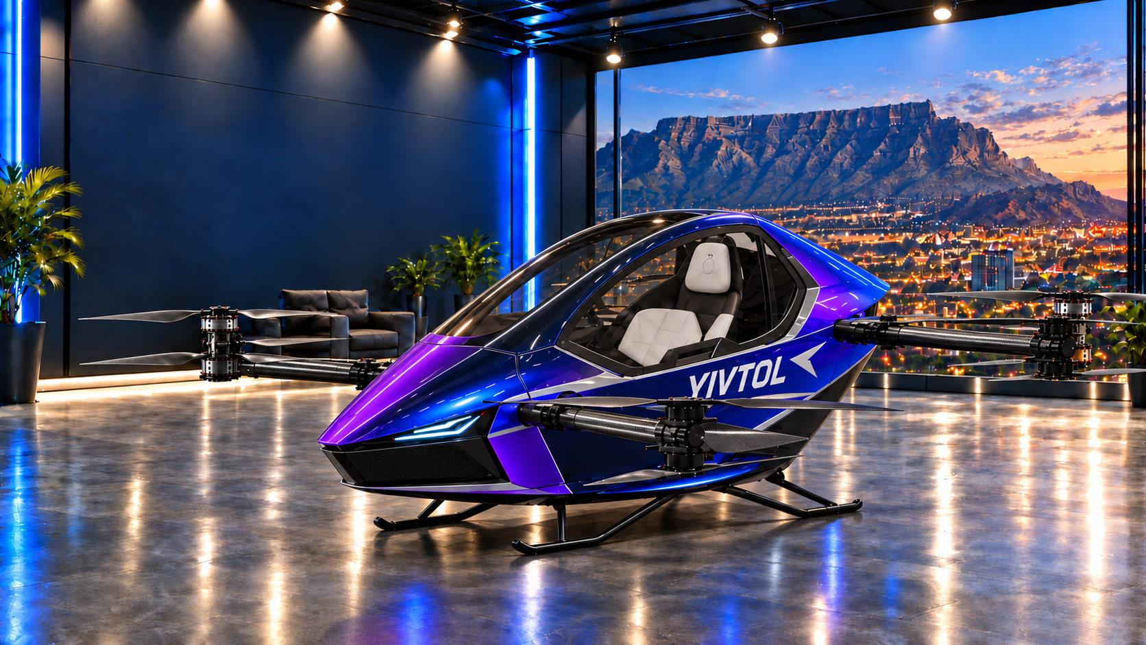 Purple and electric blue YIVTOL personal eVTOL aircraft in a showroom overlooking Table Mountain
